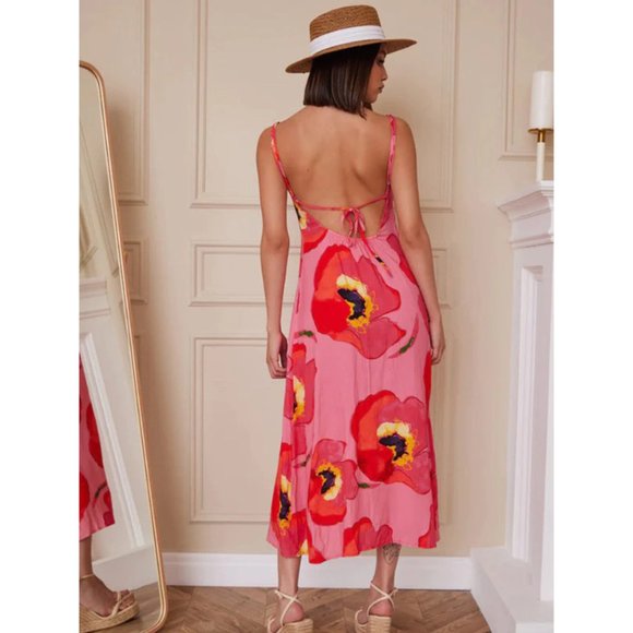 1 left! Sleeveless Button Up V-neck Open Back Printed Midi Dress - Picture 3 of 4